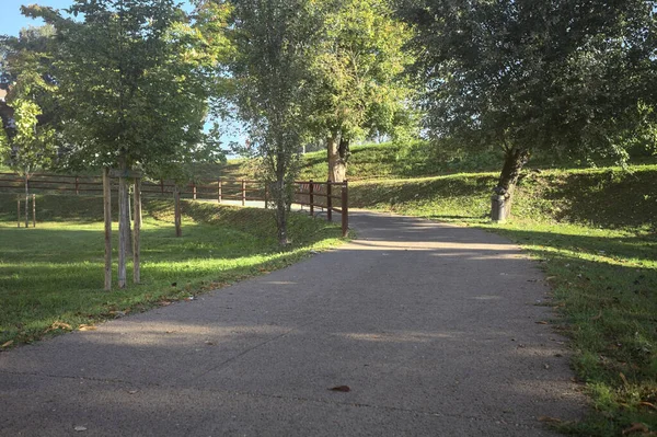 Güneşli bir günde, setin yanındaki ağaçlarla çevrili patika.