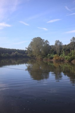 İtalya 'nın kırsal kesimlerinde kısmen bulutlu bir günde sudaki ağaçlarla çevrili bir nehir.