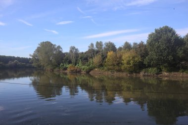 İtalya 'nın kırsal kesimlerinde kısmen bulutlu bir günde sudaki ağaçlarla çevrili bir nehir.