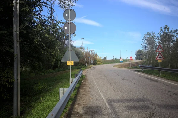 İtalya kırsalında güneşli bir günde ağaçlarla çevrili bir yol.