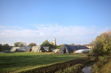 İtalya kırsalındaki bir köyün evleri güneşli bir günde bir tarlada balya yığınlarıyla çevrili bir kilisenin çan kulesi.