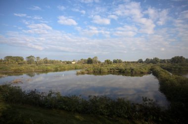 Etrafı sazlıklarla çevrili bir gölet. Arkasında tarlalar ve uzakta evler var. Gökyüzü de suyun üzerine düşmüş.