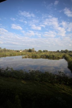 Etrafı sazlıklarla çevrili bir gölet. Arkasında tarlalar ve uzakta evler var. Gökyüzü de suyun üzerine düşmüş.