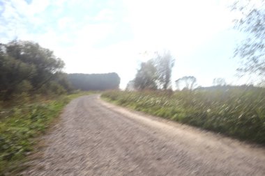 İtalya 'nın kırsal kesiminde, arka planda koruluğu olan bir toprak setin üzerinde karşı aydınlatma yolu.