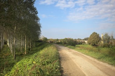 Solunda ağaç fidanlığı olan bir toprak setin üzerindeki patikada ve güneşli bir günde İtalya kırsalında ağaçların çerçevelediği çan kulesi olan bir köyde.