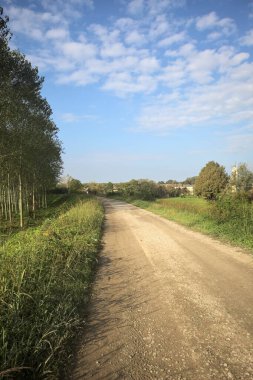 Solunda ağaç fidanlığı olan bir toprak setin üzerindeki patikada ve güneşli bir günde İtalya kırsalında ağaçların çerçevelediği çan kulesi olan bir köyde.