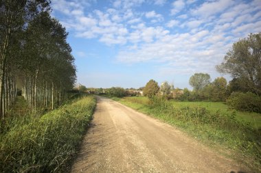 Solunda ağaç fidanlığı olan bir toprak setin üzerindeki patikada ve güneşli bir günde İtalya kırsalında ağaçların çerçevelediği çan kulesi olan bir köyde.