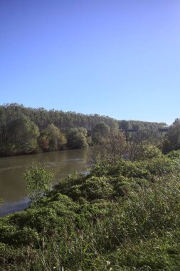 Nehir, kıyılarının kıyısındaki toprak setlerin arasında güneşli bir günde nehrin üzerinden geçen bir köprü ile İtalya 'nın kırsalında, toprak setin tepesindeki bir patikadan görülebiliyor.