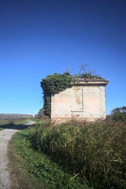 İtalya kırsalındaki bir patikanın kenarındaki çimenlikte terk edilmiş bir bina.