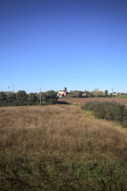 İtalya kırsalında güneşli bir günde, uzak bir köyde, küçük bir koruluğun yanından geçen ekili tarlalar arasındaki çimen izi.