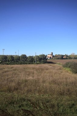 İtalya kırsalında güneşli bir günde, uzak bir köyde, küçük bir koruluğun yanından geçen ekili tarlalar arasındaki çimen izi.