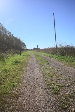 İtalya kırsalında çan kulesi ve kilise olan bir tarla ve bir ağaç çiftliğinin yanındaki patikada güneş ışığı gören bir çan kulesi.