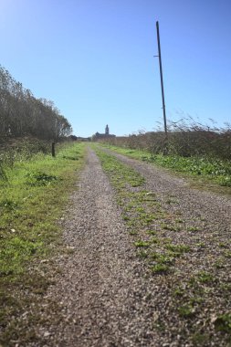 İtalya kırsalında çan kulesi ve kilise olan bir tarla ve bir ağaç çiftliğinin yanındaki patikada güneş ışığı gören bir çan kulesi.