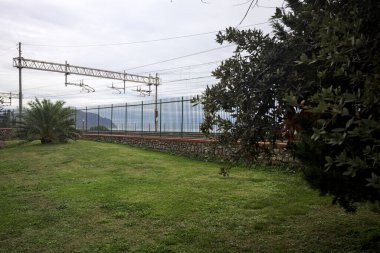 Denizin yanındaki metal bir çitin arkasındaki demiryolu rayları. Arka planda bahçeden görünen kayalıklar var.