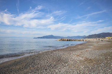 Güneşli bir günde kumsalda çakıl taşları ve arka planda kayalıklar vardı.