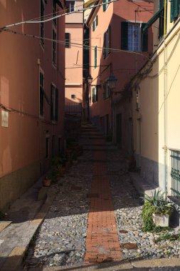Entrance in the shade to a climbing alley made with stairs on cobblestone in an italian town