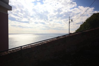 Güneşli bir günde ufukta uzanan deniz, suyun üzerine dökülen güneş lifi ile bir uçurumun kenarındaki bir grup ev ve bitkinin manzarayı çerçeveledikleri bir kayalıktan görülüyor.