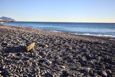 Drywood gün batımında çakıl taşlı bir plajda yatıyor. Sahilin hemen yanında.