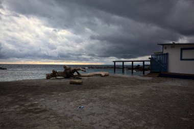 Alacakaranlıkta bulutlu bir günde plajın yanındaki beton bir balkonda sürüklenen bir odun.