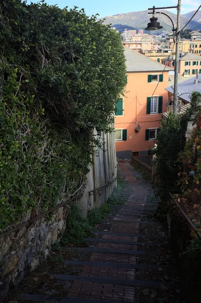 Merdiven, evlerin arasında beton bir korkulukla çevrili. Kısmen güneş gören bir uçurumun kenarında.