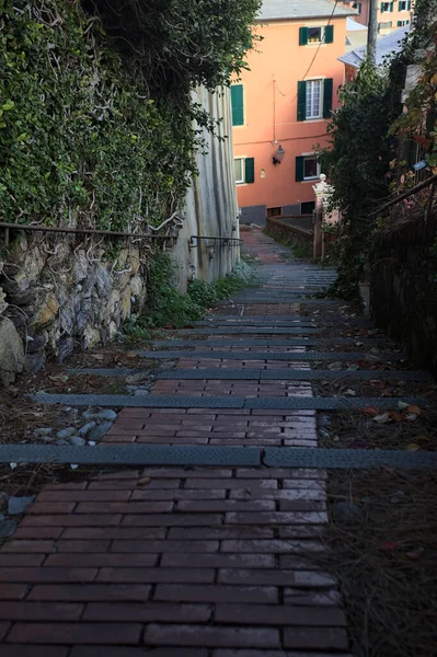 Merdiven, evlerin arasında beton bir korkulukla çevrili. Kısmen güneş gören bir uçurumun kenarında.