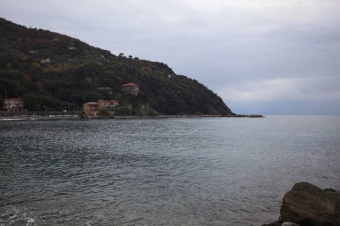 Kışın bulutlu bir günde, kumsalda bir bina, arka planda ağaçlarla kaplı bir uçurum ve uçurumun kenarında bir dalgakıran.