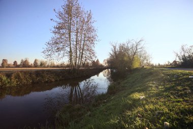 Bir tarlanın yanındaki su deresi, kıyıdaki bazı ağaçların yanında demirli tekneler, gün batımında İtalya kırsalında.