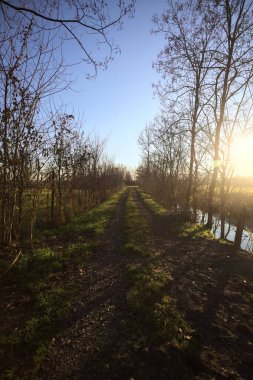 İtalya kırsalında gün batımında, çıplak ağaçlar ve suyla çevrili bir patika.