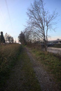 Elektrik direği ve sınırında bir elektrik hattı olan patika, gün batımında İtalya 'nın kırsal kesimindeki bir parkta, bir köyün evleriyle sınırda, ve eğlence kanalının diğer tarafında bir viyadük kanalı ile çevrili.