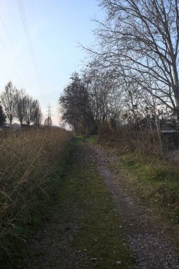 Elektrik direği ve sınırında bir elektrik hattı olan patika, gün batımında İtalya 'nın kırsal kesimindeki bir parkta, bir köyün evleriyle sınırda, ve eğlence kanalının diğer tarafında bir viyadük kanalı ile çevrili.