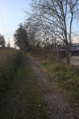 Elektrik direği ve sınırında bir elektrik hattı olan patika, gün batımında İtalya 'nın kırsal kesimindeki bir parkta, bir köyün evleriyle sınırda, ve eğlence kanalının diğer tarafında bir viyadük kanalı ile çevrili.