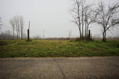 Bir çim tarlasının girişinde parmaklıklar, yolun kenarında, İtalya 'nın kışın sisli bir gününde.