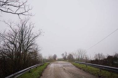 Sisli ve bulutlu bir günde, İtalya kırsalında köprünün diğer ucunda, arka planda bir malikane bulunan çıplak ağaçlar tarafından çerçevelenmiş kısmen yıpranmış yol köprüsü.