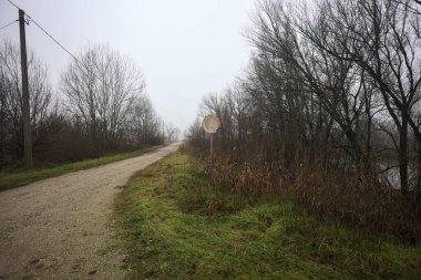 İtalya 'nın kışın kırsalında sisli ve bulutlu bir günde, yolun kenarında bir işaret olan ağaçlarla çevrili bir parkta toprak izi.