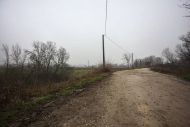 Çamurlu bir zeminde toprak izi, tepesinde bir viraj oluşturur, kıvrımın ucunda tuğla ve beton bir kulübe ile çevrili ağaçlar, ve diğer ucunda tahta direklerde elektrik hattı, İtalya kırsalında bulutlu ve sisli bir günde, kış mevsiminde