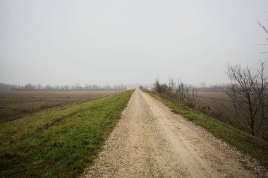 Bir toprak setin tepesinde, bir tarafında ekili bir tarla, diğer tarafında ise bulutlu ve sisli bir günde İtalya kırsalında bir koruluk var.