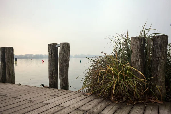 Göl kıyısında ahşap demirleme direkleri olan iskele ve İtalya kırsalında bulutlu ve sisli bir günde suya dökülen arka plandaki ağaçlar.