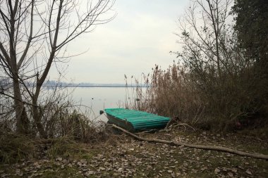 Parkta bulutlu bir günde, çıplak ağaçlar ve kuru sazlıklar arasında, göl kıyısında terk edilmiş bir tekne.