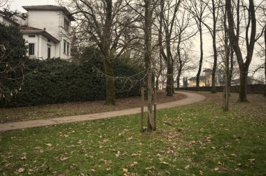 Kışın bulutlu bir günde, İtalya 'nın bir kasabasında ağaçlarla çevrili bir binanın yanındaki kavak ağaçlarıyla çevrili bir patikaya tırmanmak.