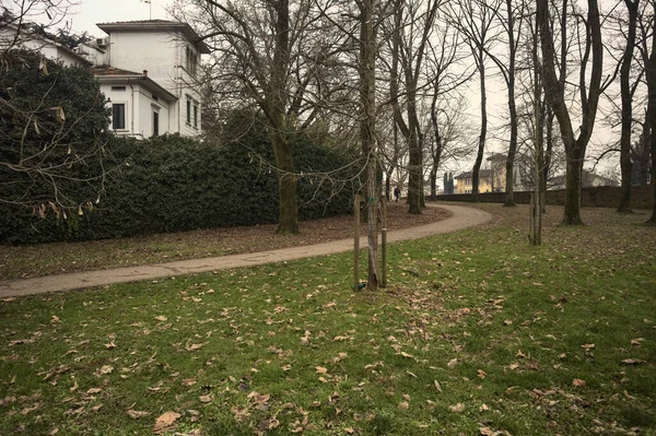 Kışın bulutlu bir günde, İtalya 'nın bir kasabasında ağaçlarla çevrili bir binanın yanındaki kavak ağaçlarıyla çevrili bir patikaya tırmanmak.