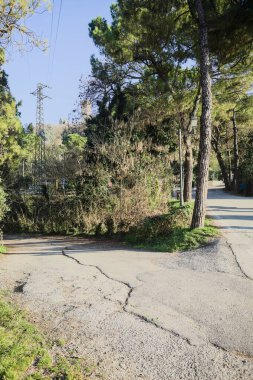 İki asfalt yol arasındaki çatal, ağaçlar ve çalılarla çevrili, arka planda bir tepede bir şatonun kalıntıları var.