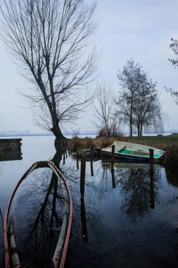Nehir kıyısında kısmen boğulmuş tekneleri ve kuru tekneleri olan küçük bir körfez, girişin kenarında çıplak bir ağaç, ve uzakta karşı kıyıda, bulutlu ve sisli bir günde, İtalya 'nın kırsalındaki bir parkta.