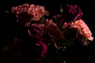 Turuncu karanfil buketi, pembe ve mor güller, bir projektörün altında, koyu bir arka planda, yakından görülüyor.