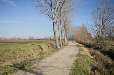 İtalya kırsalında güneşli bir günde, bir hendek ve birkaç çıplak ağaçla çevrili, uzak bir dağ sırtı olan ekili bir tarlanın yanındaki patikada.