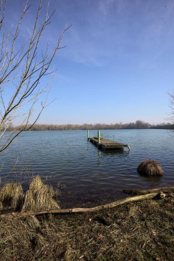 Güneşli bir parkta, çıplak ağaçların arasında, kıyıdan görülen bir gölün üzerinde yüzen bir iskele.