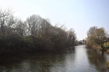 Nehir, İtalya 'nın kırsal kesimindeki bir köyde bir grup evin yanında akıyor. Kıyısında bir park, diğer tarafında ise çıplak bir söğüt ağacı var.