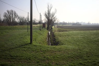 Suyla dolu bir siper, ve suyun içinde bir ağaç, bir sıra ahşap sütunla çevrili, ve güneşli bir İtalyan kırsalında, ekili bir tarlanın kenarında bir elektrik hattı.