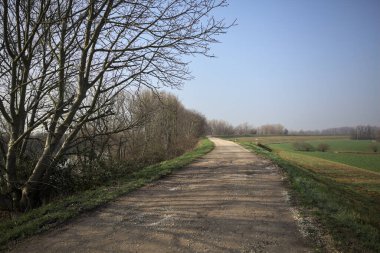 Bir tarafta çıplak ağaçlarla çevrili çamurlu bir set ve İtalya kırsalında güneşli bir günde yamaçlarda uzanan eğimli bir arazi.