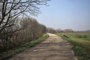 Bir tarafta çıplak ağaçlarla çevrili çamurlu bir set ve İtalya kırsalında güneşli bir günde yamaçlarda uzanan eğimli bir arazi.