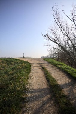 Güneşli bir günde, İtalya 'nın kırsal kesiminde, bir parkta toprak yola tırmanmak.